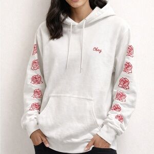 Obey White Hoodie with Red Floral Design, size S